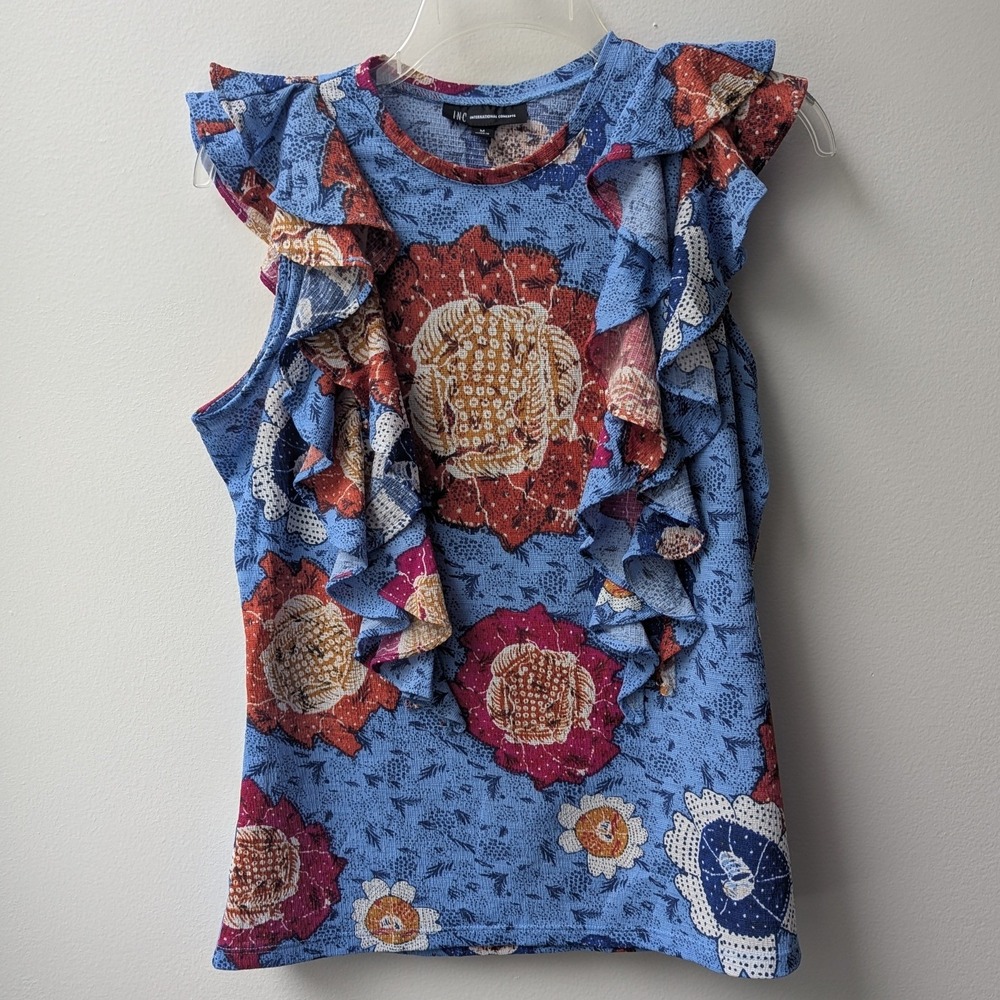INC Ruffle Floral Blouse Blue Orange Sleeveless Sz M Boho Mod Cottagecore